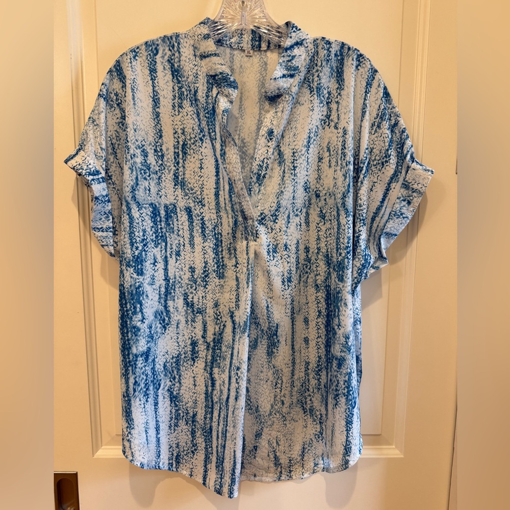 Blue and White Print Blouse